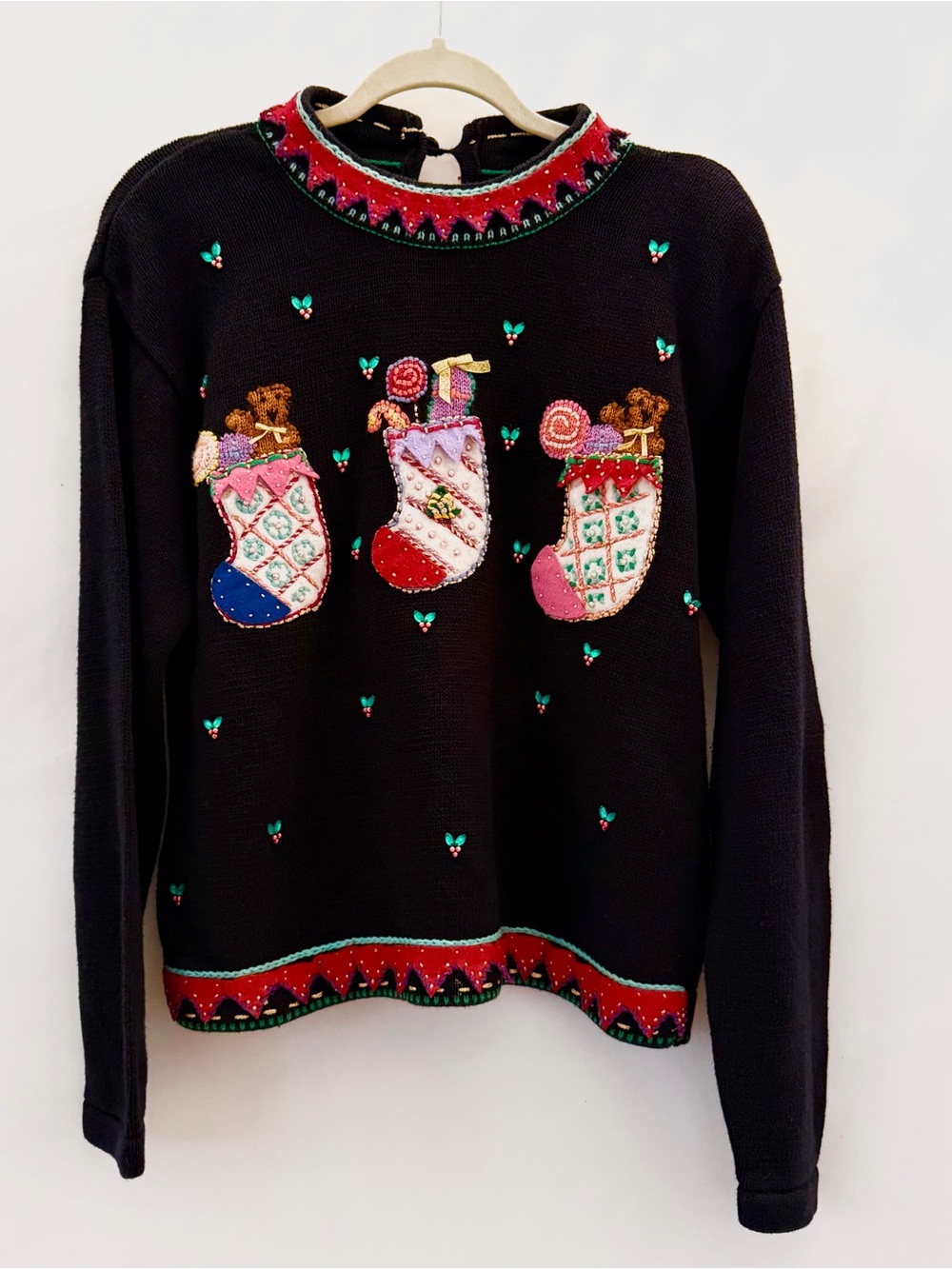 Karen Scott Hand Embroidered Women’s Christmas Sweater Black Size Large